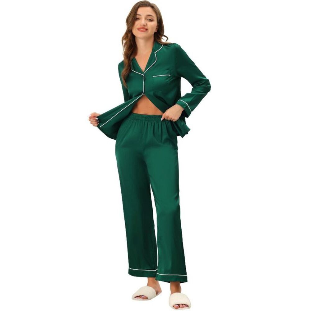 Women's Satin Button Down Lounge Top & Pants Pajama Set Green Medium